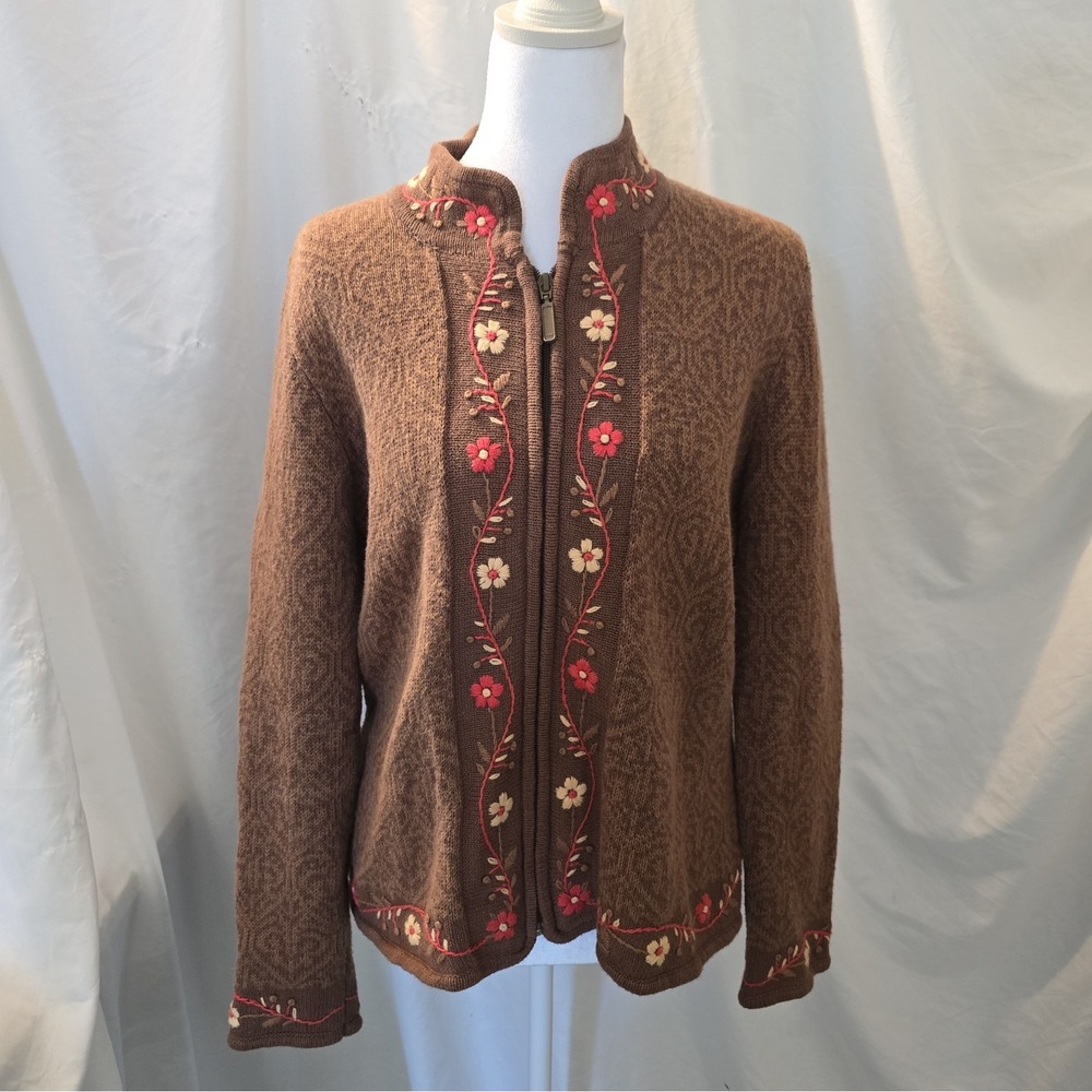 Architect Floral Embroidered Zip-up Cardigan Sweater Brown Sz S Cottagecore